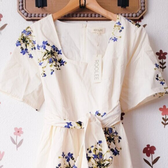 Midi Dainty Floral Dress |Square Neck Bow Tie Dress | Roolee - Picture 2 of 8